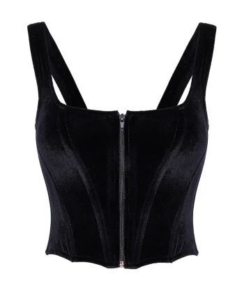 Top crop cu aspect de catifea si inchidere cu fermoar, Negru