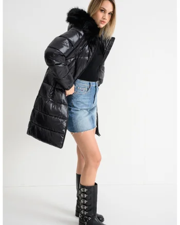 Geaca midi matlasata cu gluga Backsie, Negru