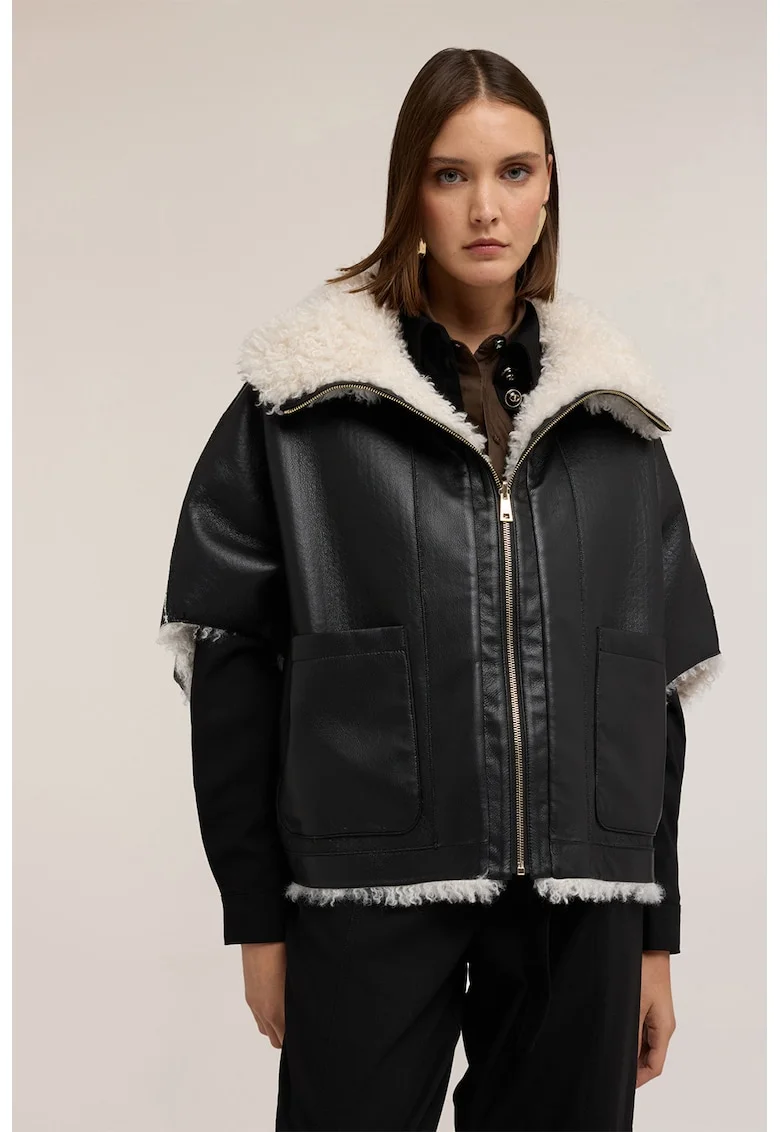 Jacheta reversibila pufoasa cu maneci 3/4, Alb/Negru