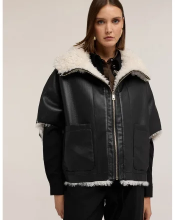 Jacheta reversibila pufoasa cu maneci 3/4, Alb/Negru