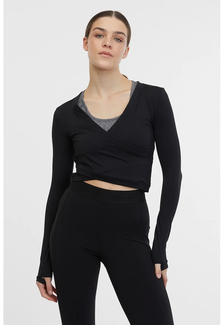 Bluza crop cu croiala petrecuta pentru fitness, Negru