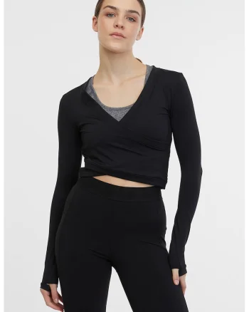 Bluza crop cu croiala petrecuta pentru fitness, Negru