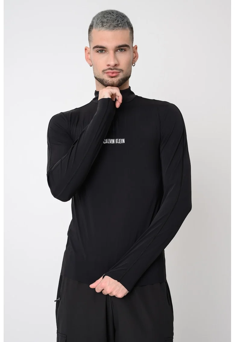 Bluza cu fermoar si decupaj pentru deget, pentru fitness, Negru