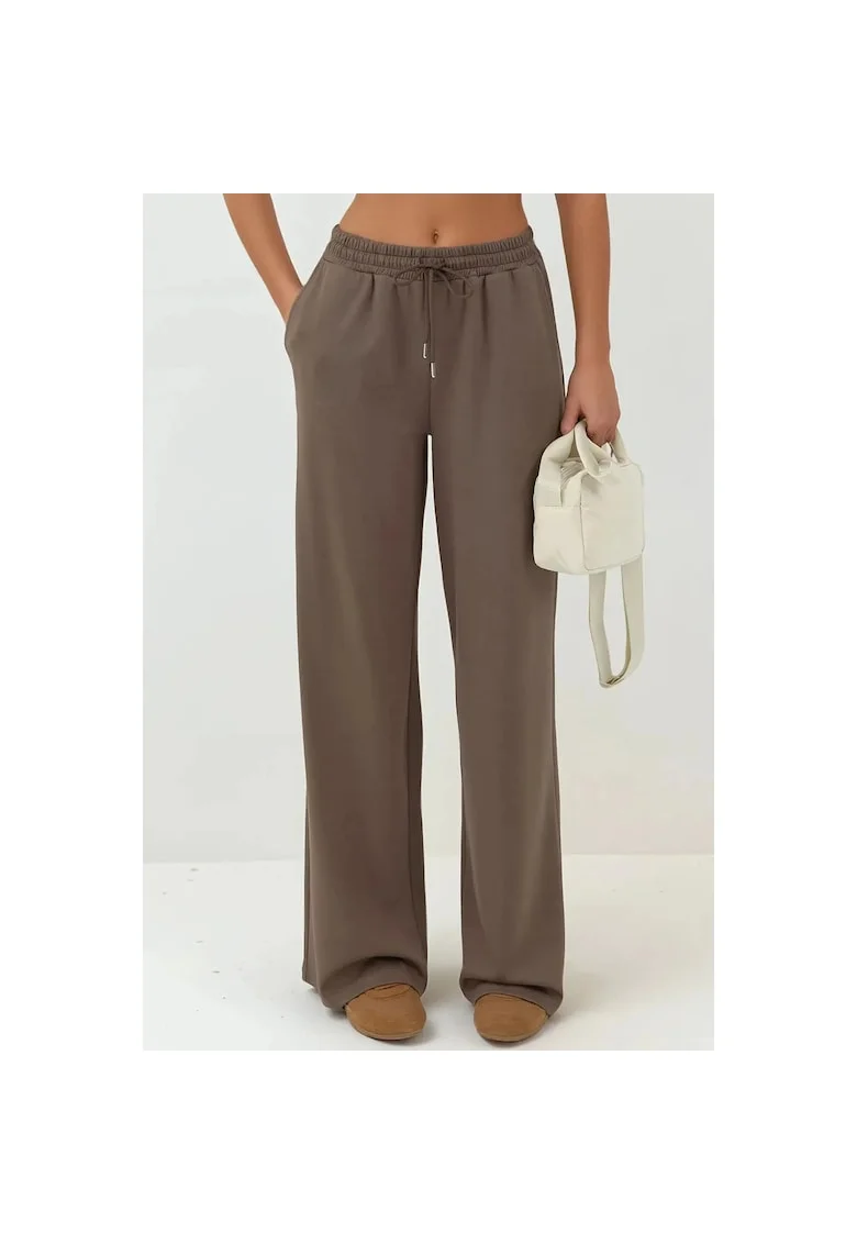 Pantaloni sport dama,  picior larg, talie inalta, maro, modal