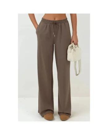 Pantaloni sport dama,  picior larg, talie inalta, maro, modal