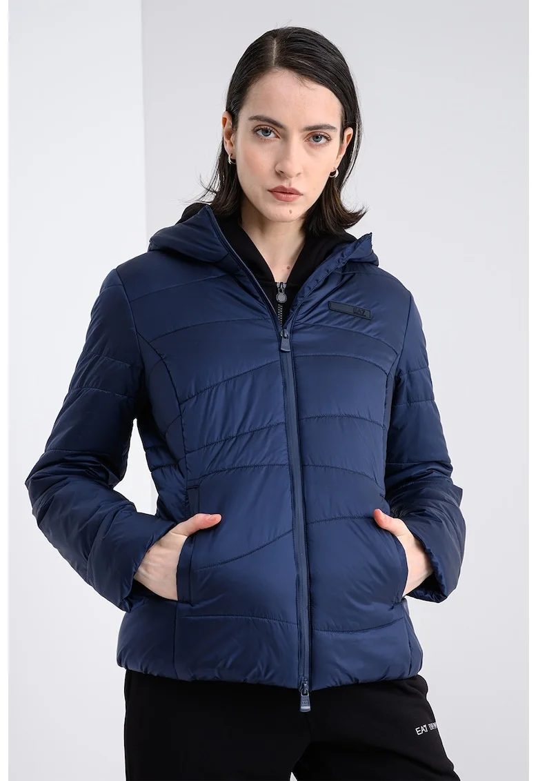 Jacheta matlasata cu croiala slim-fit si gluga, Bleumarin