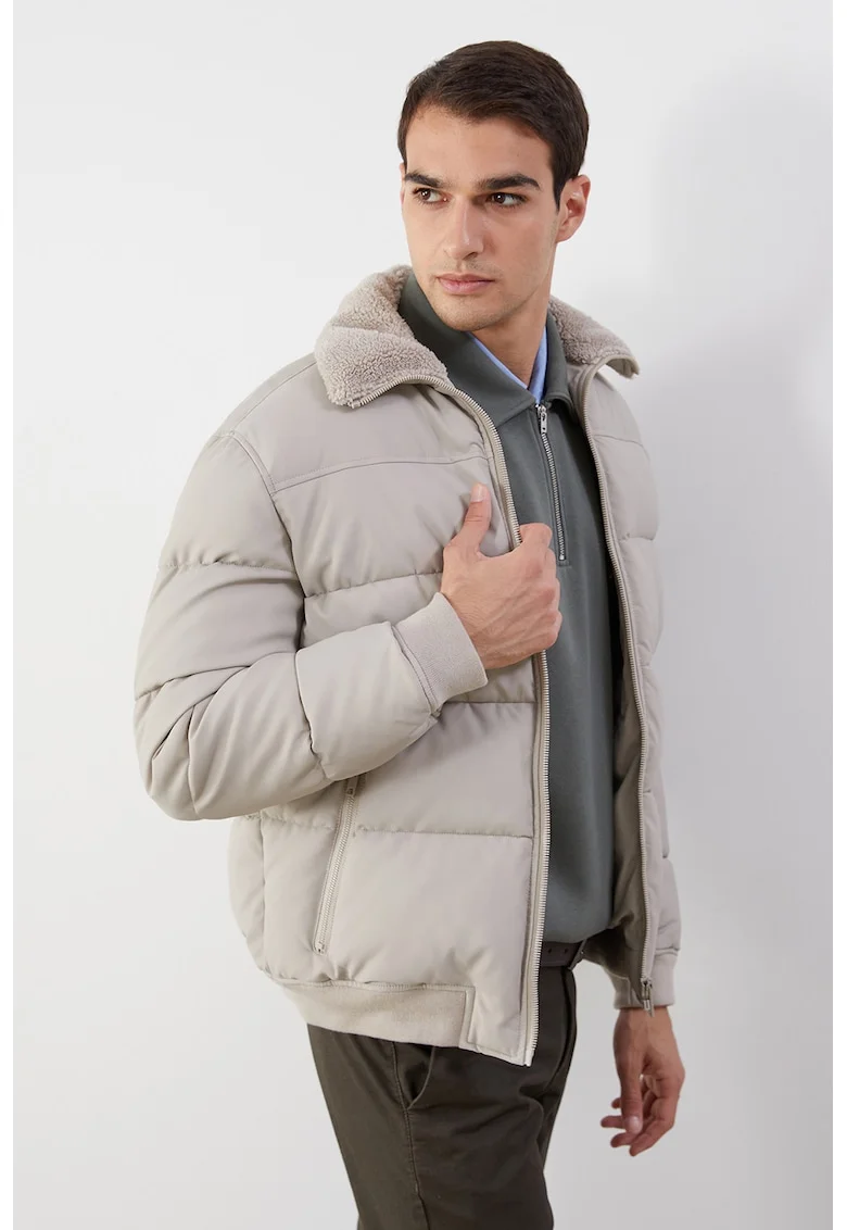 Geaca cu guler din material teddy, Grej