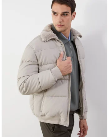 Geaca cu guler din material teddy, Grej