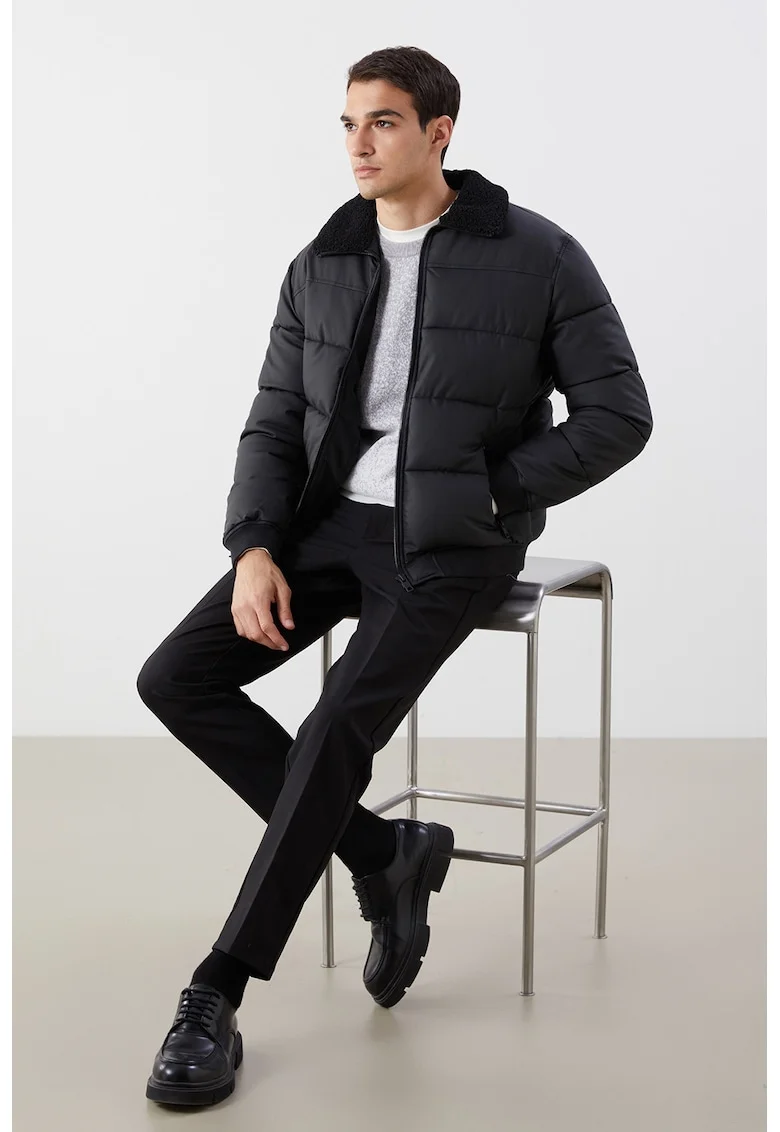 Geaca cu guler din material teddy, Negru