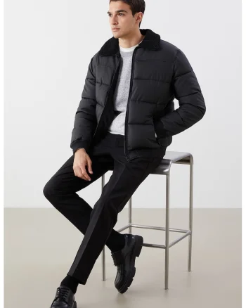 Geaca cu guler din material teddy, Negru