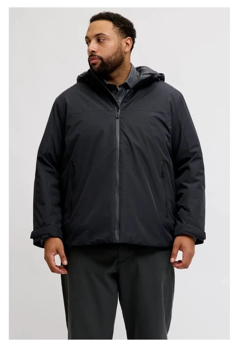 Plus Jacheta de tranzitie, barbati big size, cu gluga si croiala Regular fit, Negru