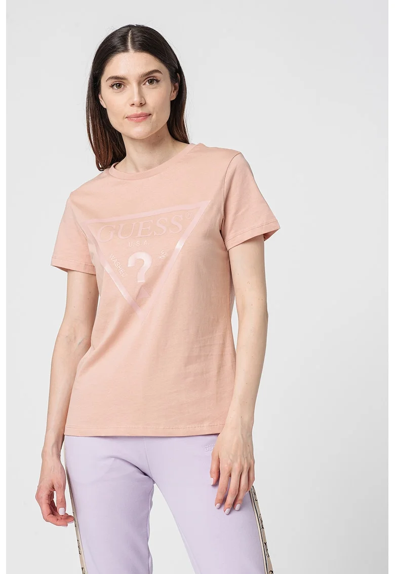 Tricou cu imprimeu logo pentru fitness, Roz prafuit