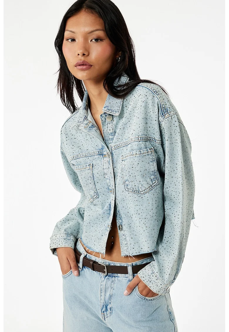 Jacheta crop din denim cu strasuri, Albastru deschis melange