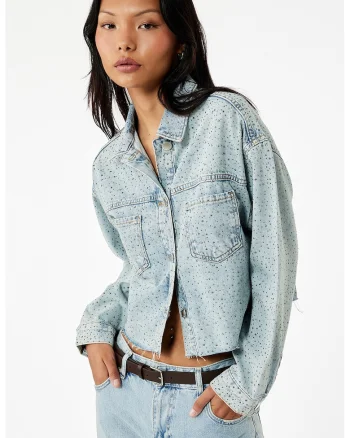 Jacheta crop din denim cu strasuri, Albastru deschis melange