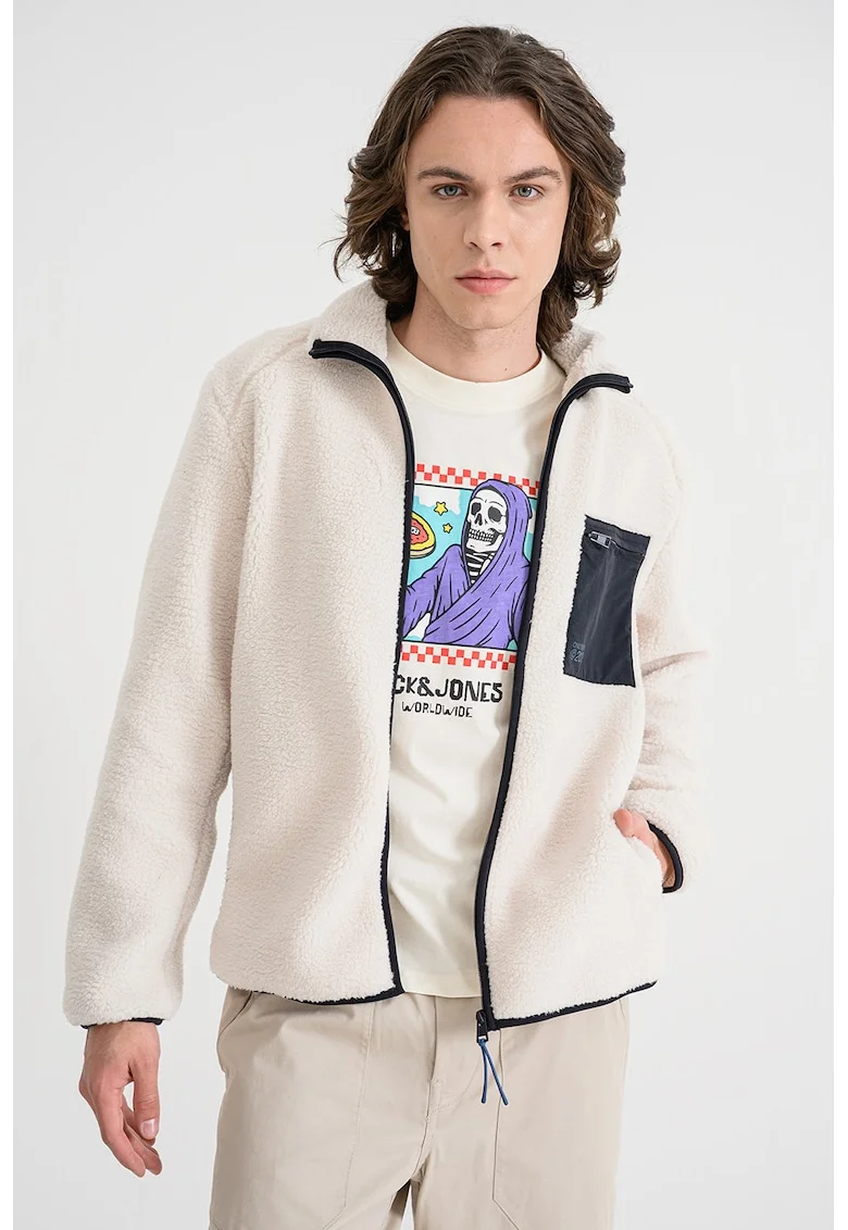 Jacheta din material sherpa cu fermoar, Crem/Bleumarin