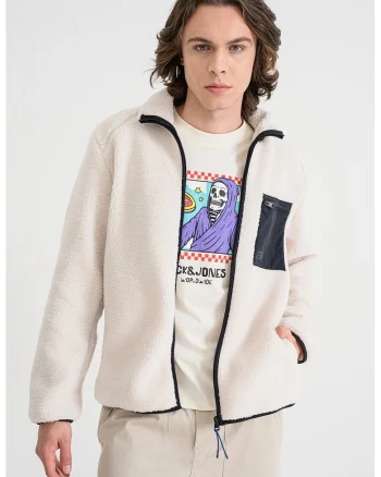 Jacheta din material sherpa cu fermoar, Crem/Bleumarin