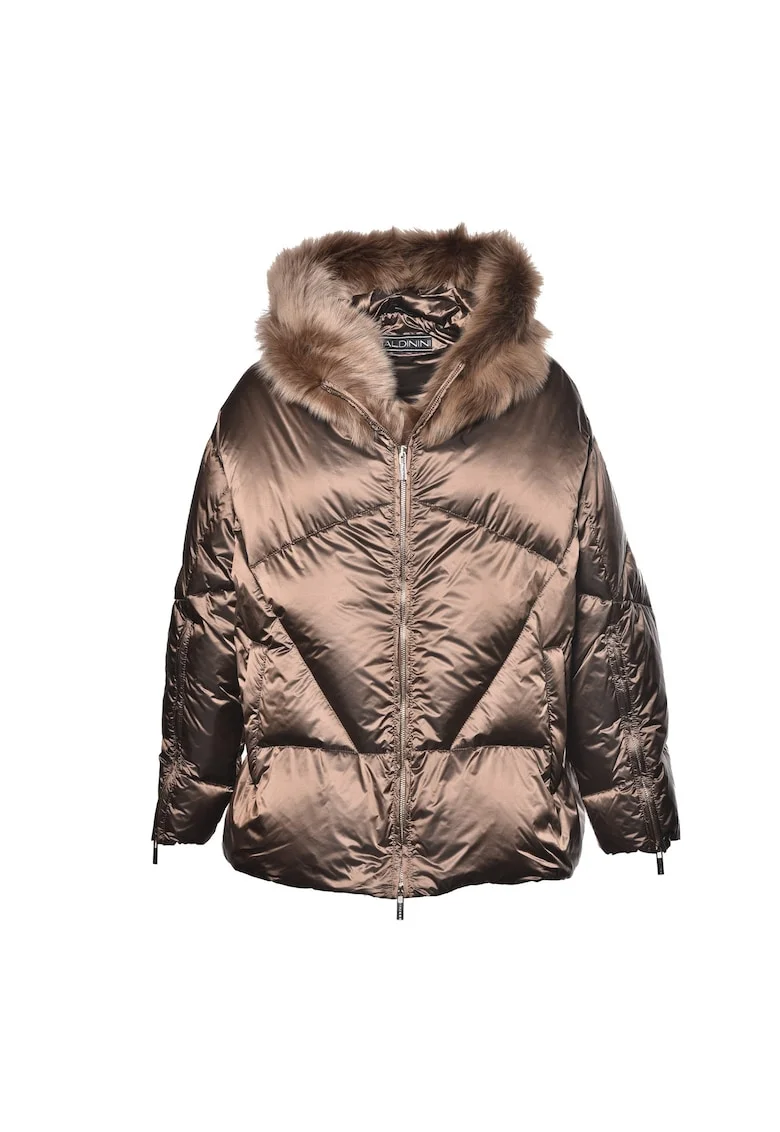 Geaca cu umplutura de puf si garnituri din blana shearling sintetica, Bronz