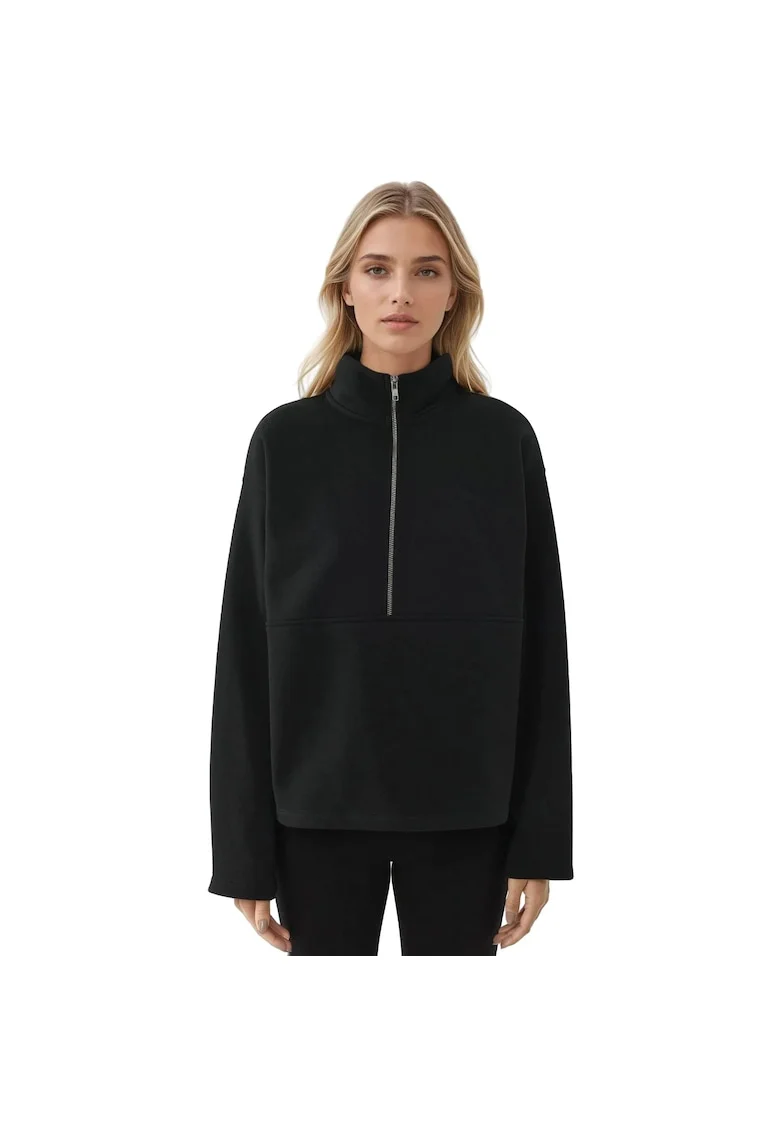 Hanorac cu fermoar  cu maneca lunga, croiala lejera, negru, textil