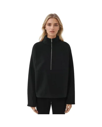 Hanorac cu fermoar  cu maneca lunga, croiala lejera, negru, textil