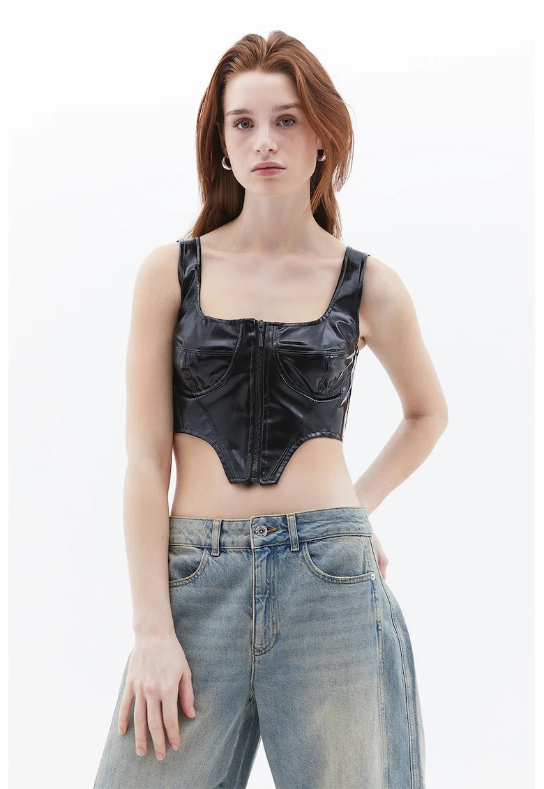 Top crop de piele ecologica cu fermoar, Negru
