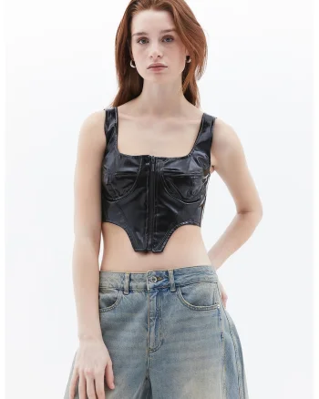 Top crop de piele ecologica cu fermoar, Negru