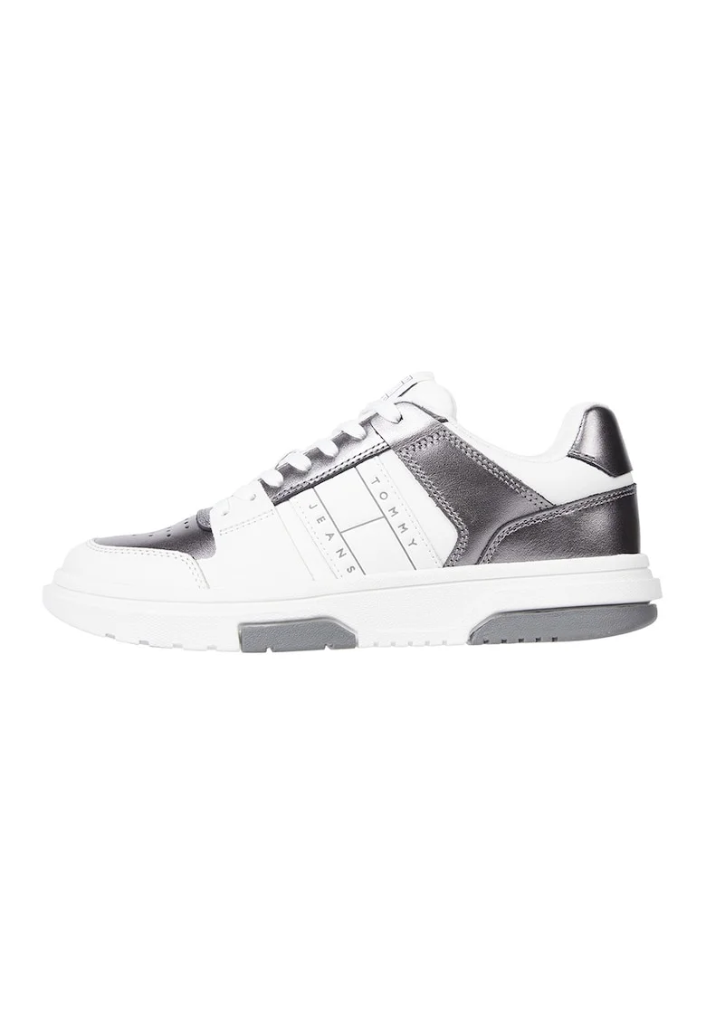 Pantofi sport de piele cu segmente cu aspect metalizat, Alb/Argintiu