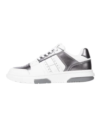 Pantofi sport de piele cu segmente cu aspect metalizat, Alb/Argintiu