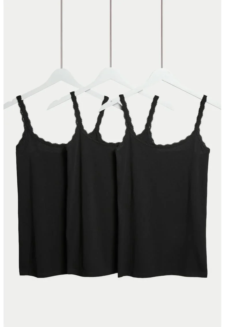 Set de top-uri cu insertii de dantela - 3 piese, Negru