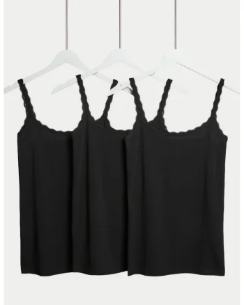 Set de top-uri cu insertii de dantela - 3 piese, Negru
