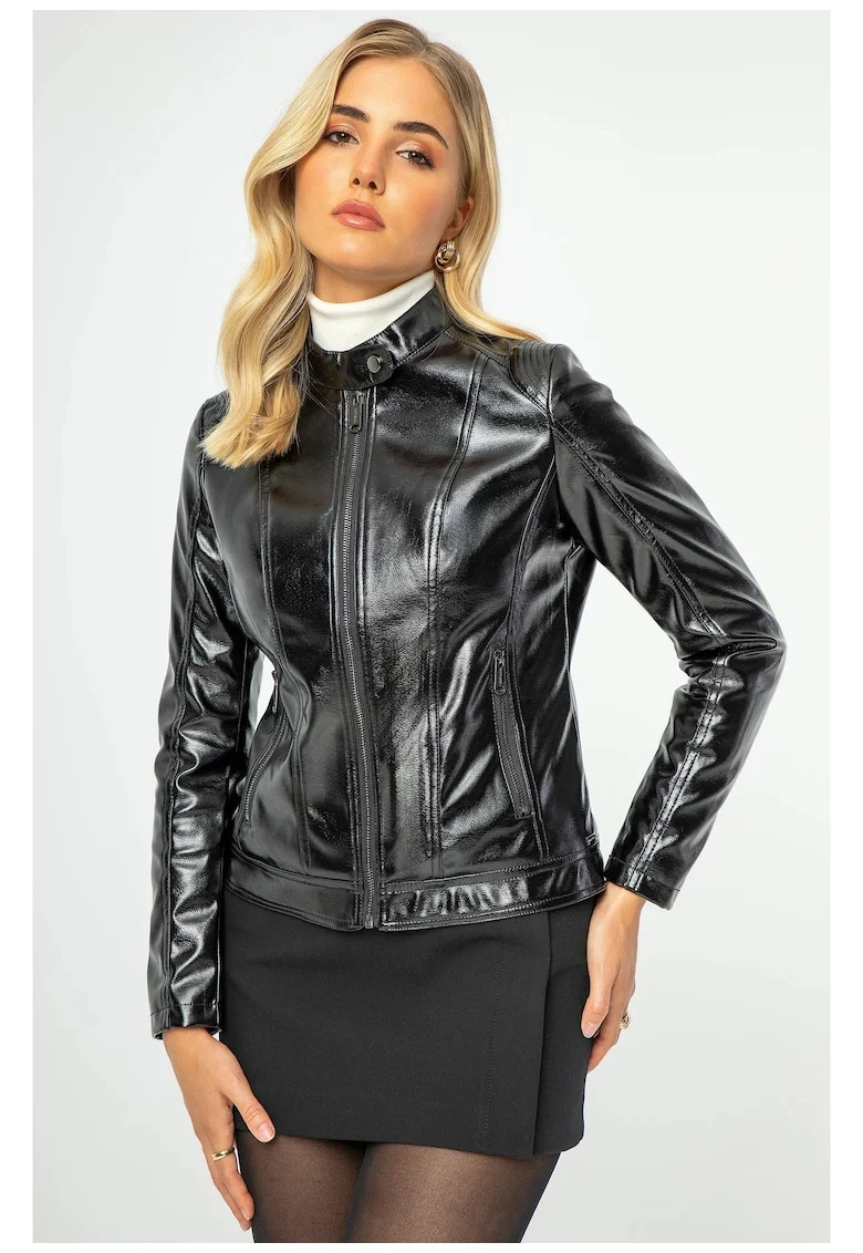 Jacheta de dama  piele ecologica, neagra, cusaturi delicate