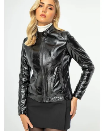 Jacheta de dama  piele ecologica, neagra, cusaturi delicate