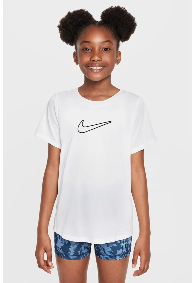 Tricou cu decolteu la baza gatului si imprimeu logo, Alb optic