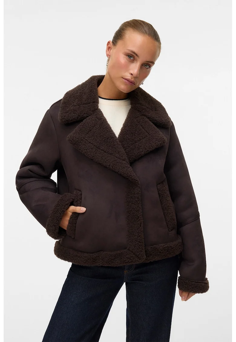 Geaca scurta cu blana shearling sintetica, Maro inchis