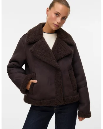 Geaca scurta cu blana shearling sintetica, Maro inchis