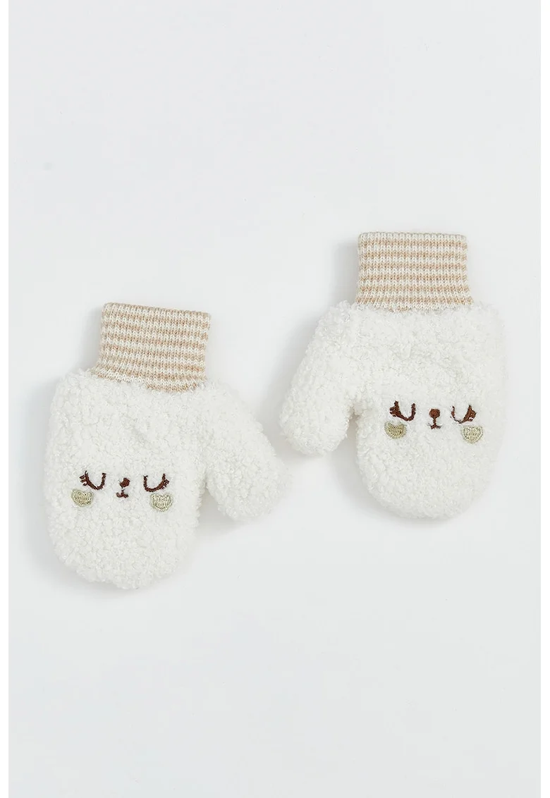 Manusi din tricot cu broderie, Alb/Maro deschis