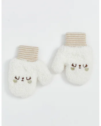 Manusi din tricot cu broderie, Alb/Maro deschis
