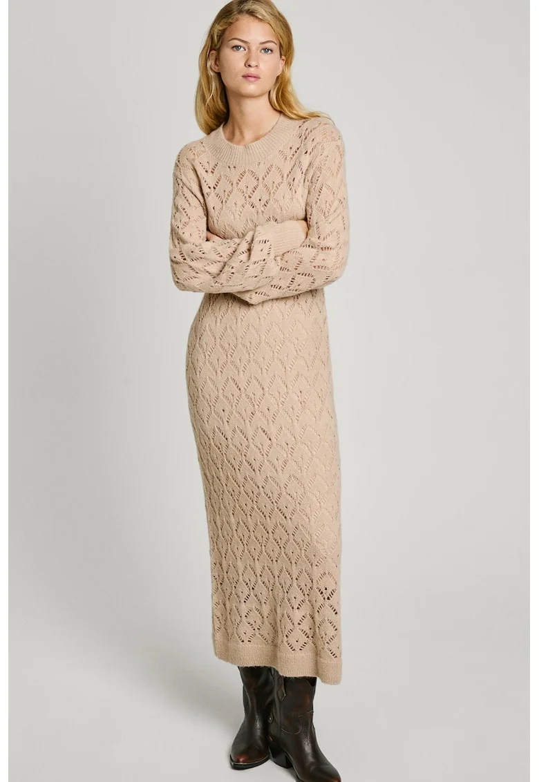 Rochie midi tricotata, din amestec de lana, cu perforatii, Bej