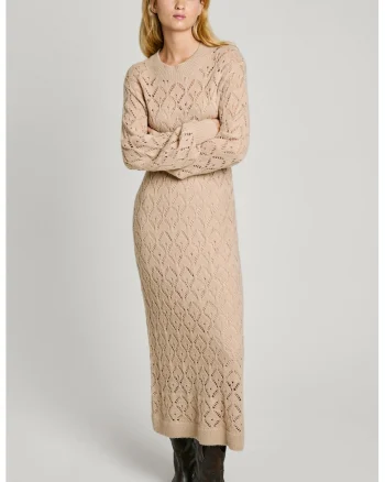 Rochie midi tricotata, din amestec de lana, cu perforatii, Bej