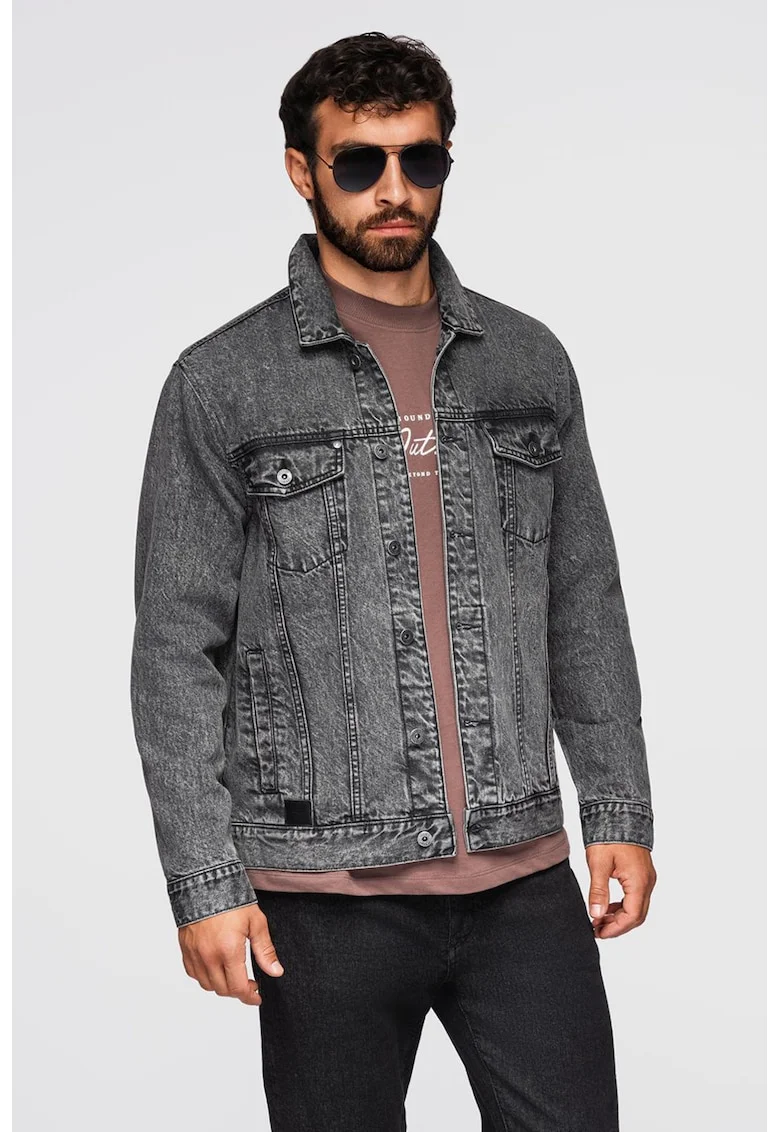 Jacheta din denim cu buzunare frontale, Gri inchis