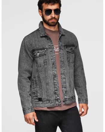 Jacheta din denim cu buzunare frontale, Gri inchis