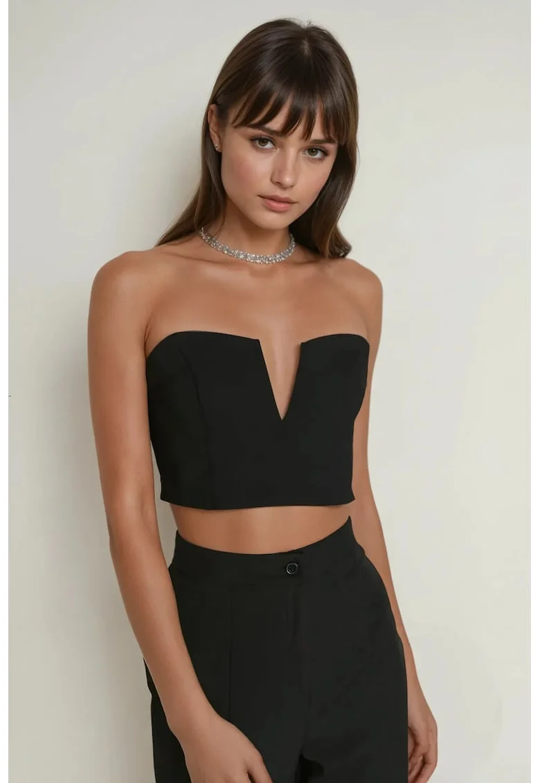 Top scurt,  fara bretele, negru, poliester, Negru