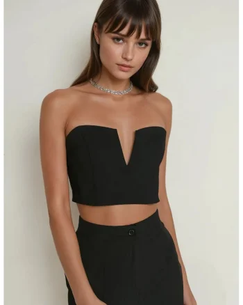 Top scurt,  fara bretele, negru, poliester, Negru
