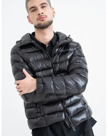 Geaca cu umplutura de puf si gluga, Negru