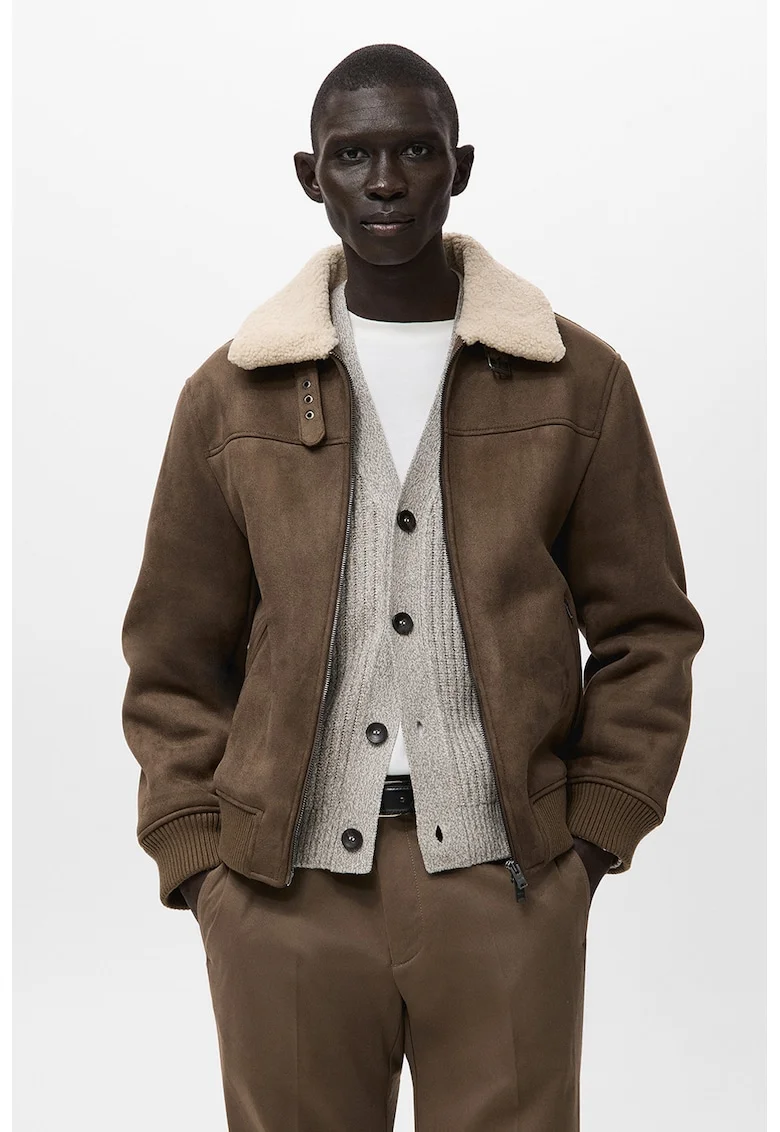 Jacheta din piele intoarsa shearling sintetica cu buzunare cu fermoar, Caramel
