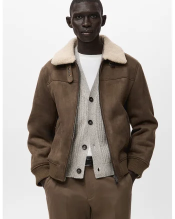 Jacheta din piele intoarsa shearling sintetica cu buzunare cu fermoar, Caramel