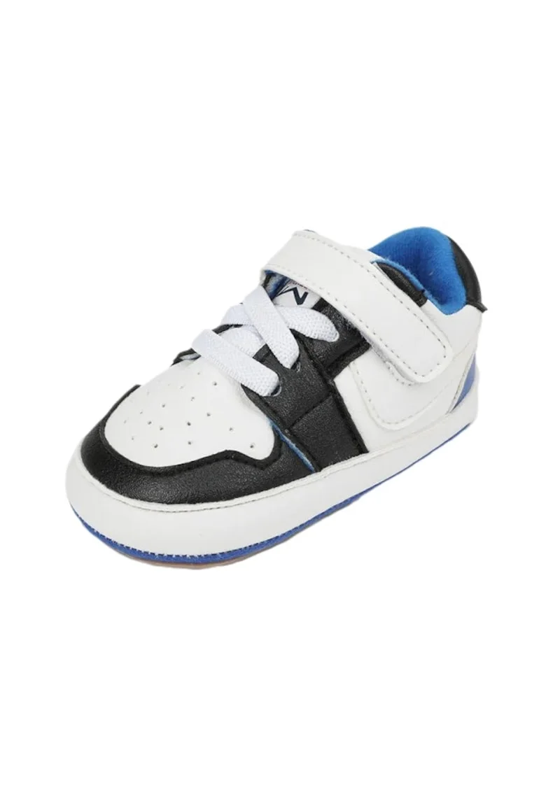 Pantofi Sport  Model Smart, Piele ecologica, Baieti, Siret, Velcro, Alb/Negru/Albastru