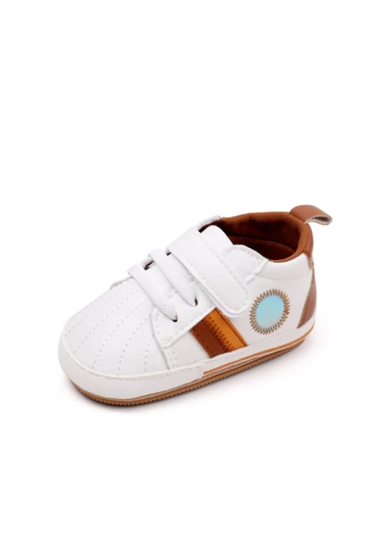 Pantofi Sport  Model Tommy, Piele ecologica, Baieti, Siret, Velcro, Alb/Maro/Portocaliu/Multicolor