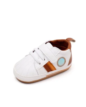 Pantofi Sport  Model Tommy, Piele ecologica, Baieti, Siret, Velcro, Alb/Maro/Portocaliu/Multicolor