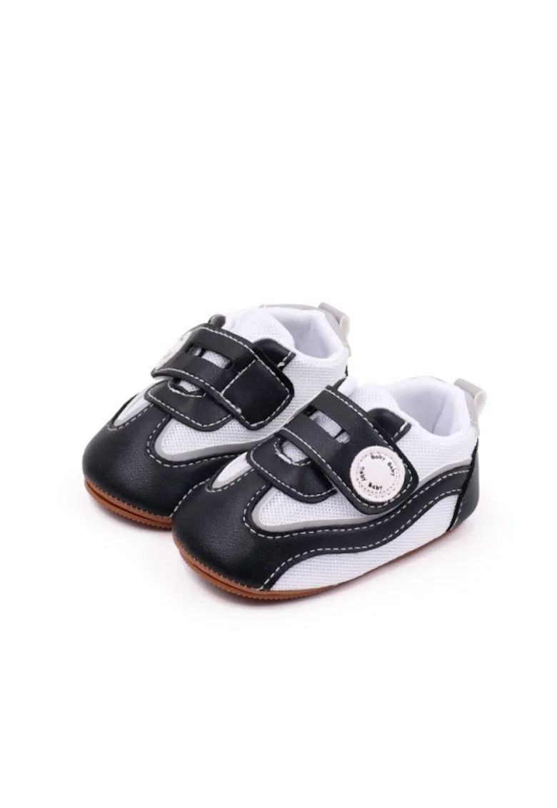 Pantofi Sport  Model Baby, Piele ecologica, Velcro, Alb, Negru, Alb/Negru