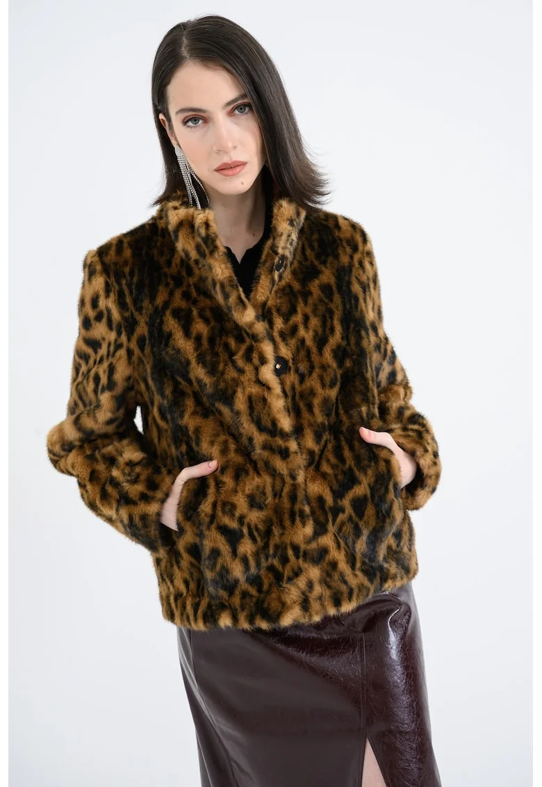 Jacheta de blana sintetica cu animal print, Negru/Caramel